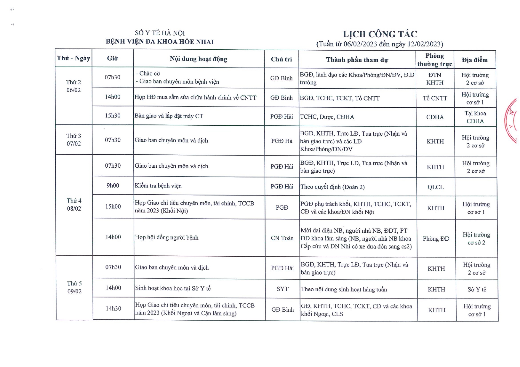  LỊCH TUẦN TỪ 06/02 ĐẾN NGÀY  12/02/2023