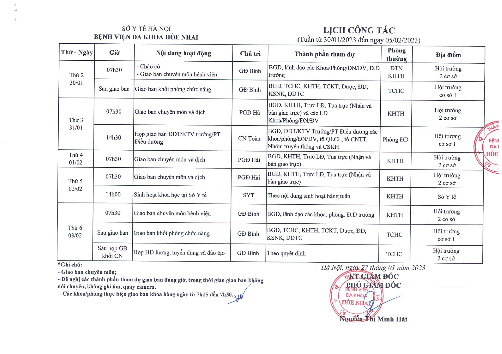  LỊCH TUẦN TỪ 30/01 ĐẾN NGÀY 05/02/2023