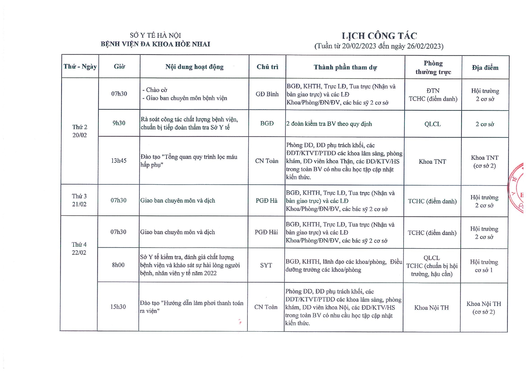  LỊCH LÀM TỪ NGÀY 20/03 ĐẾN NGÀY 26/02/2023